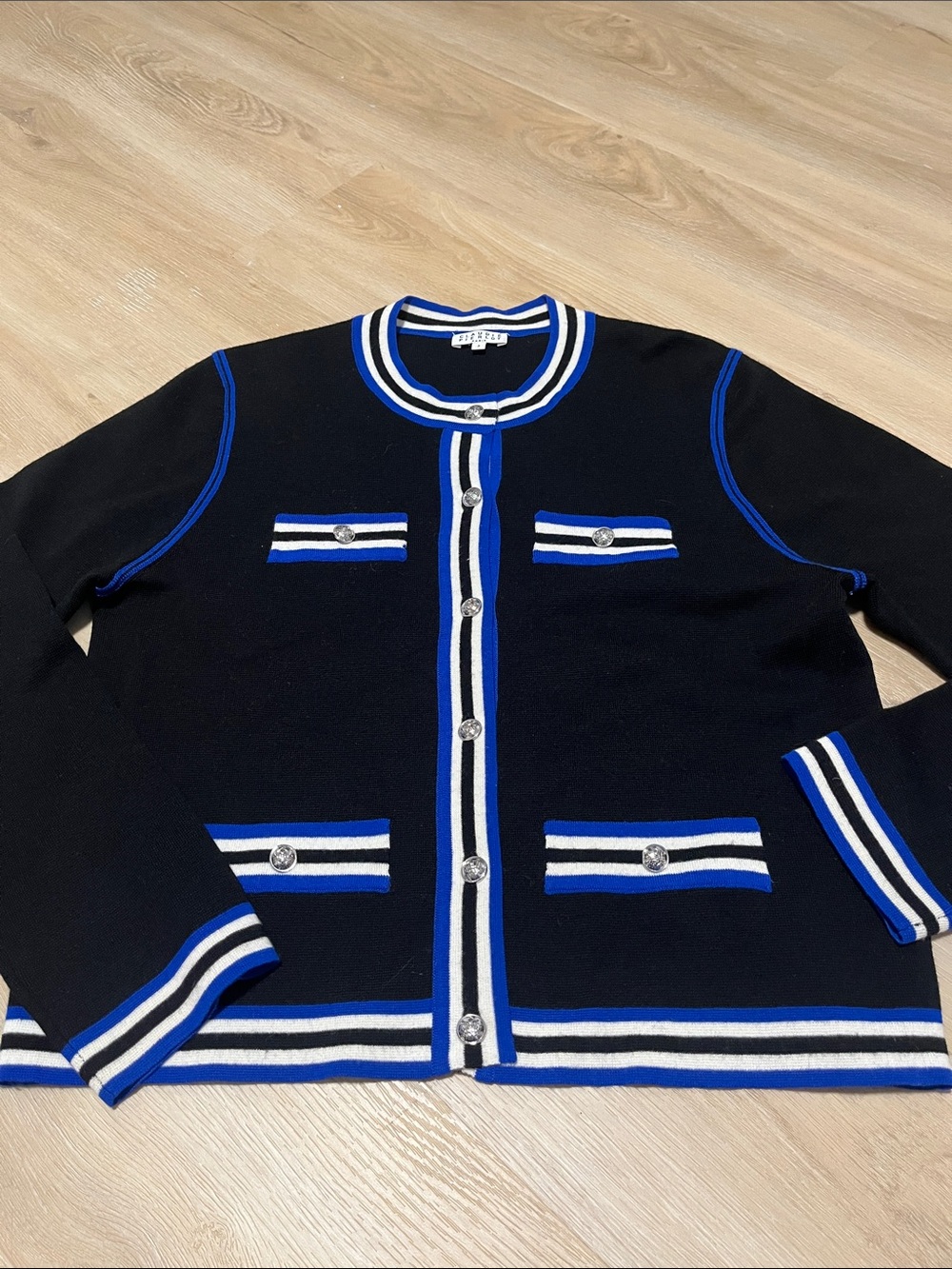 Claudie Pierlot Black Wool Blend Cardigan Blue White Silver Buttons Size 3